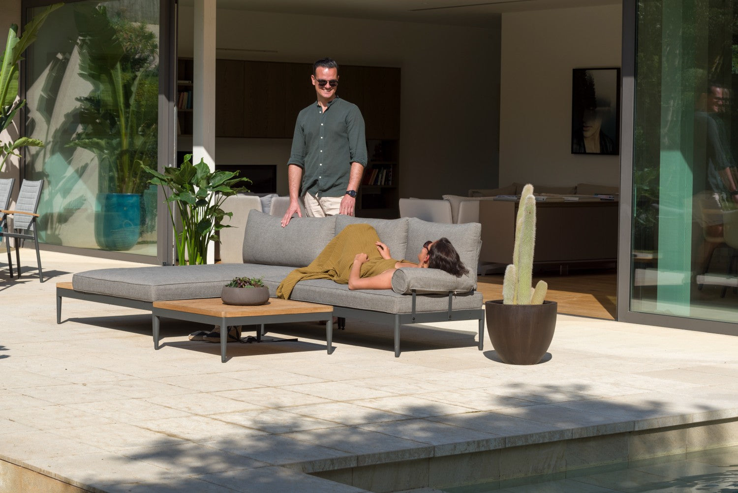 Topaz Square Coffee Table with wood top and metal frame on gray outdoor lounge set on Tampa Home & Garden Store