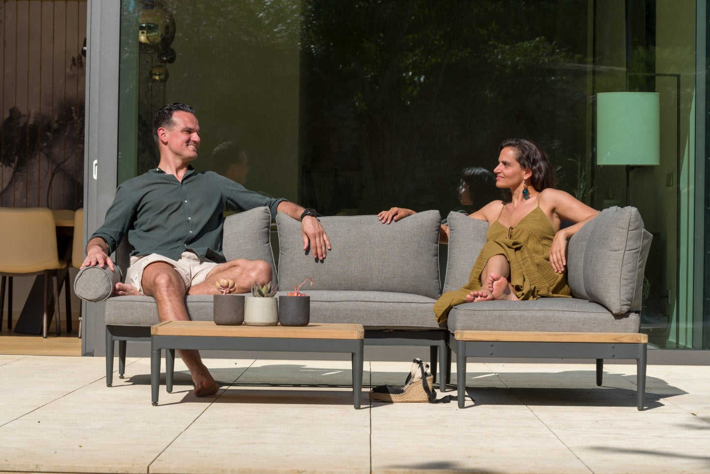 Topaz Square Coffee Table by LifestyleGarden US with wood top and grey frame in outdoor lounge on Tampa Home & Garden Store