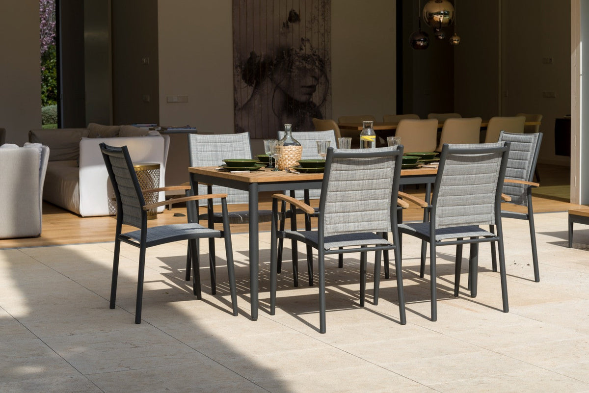 Topaz stacking armchairs gray woven fabric LifestyleGarden US outdoor chairs 6pc on Tampa Home & Garden Store