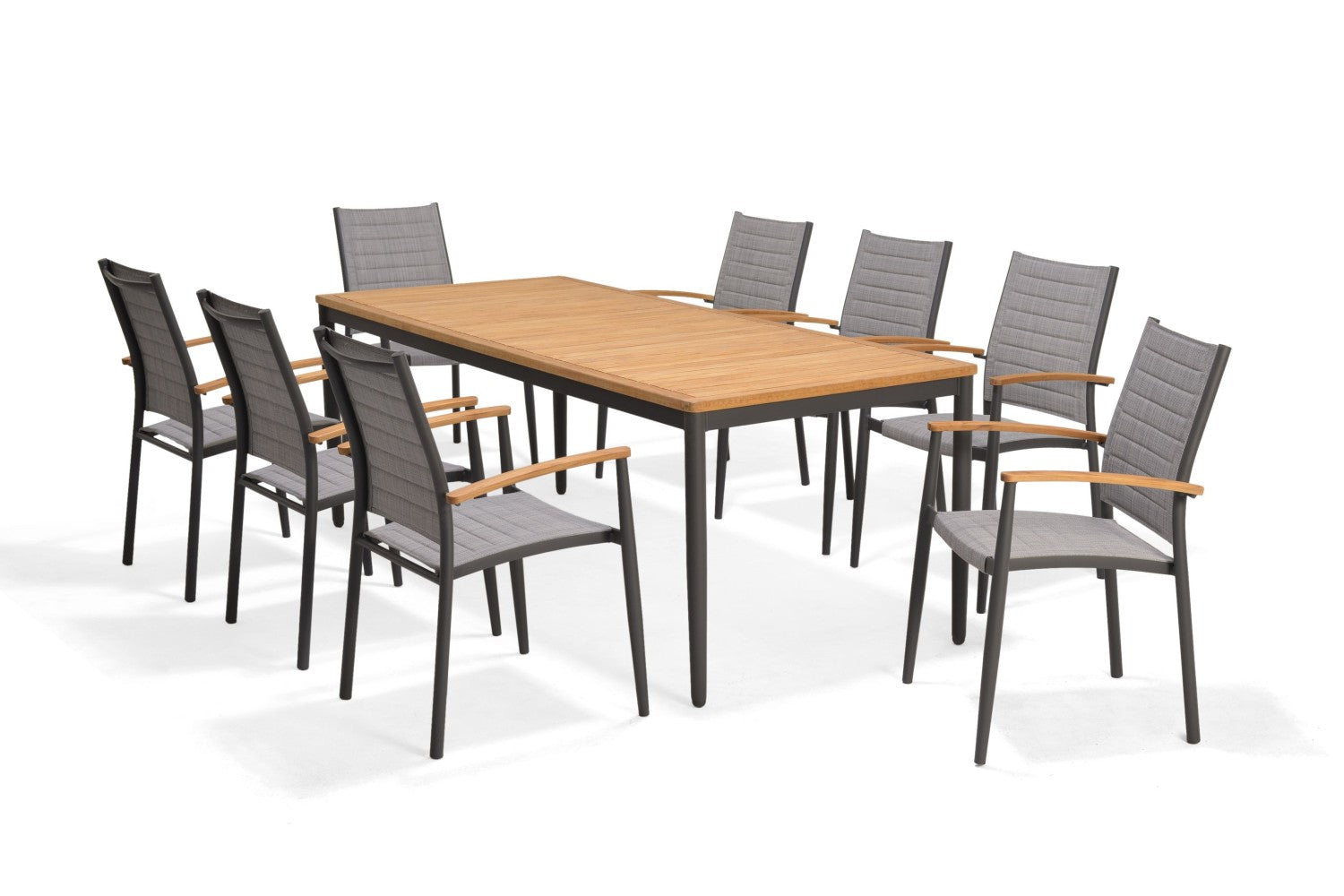 Topaz 9 Piece Teak Big Rectangular Dining Set with gray fabric chairs and wooden armrests on Tampa Home & Garden Store