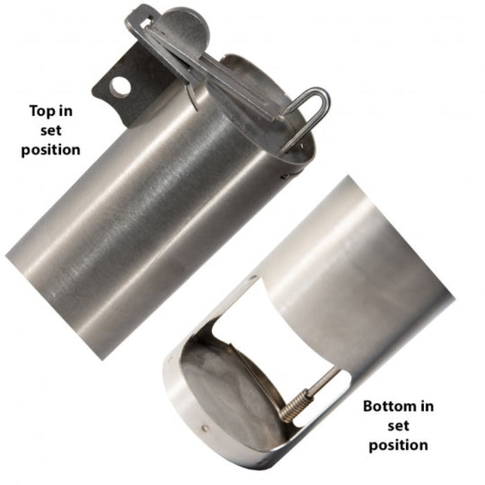 Top Cat Mole/Vole Trap metal cylindrical trap with a top lid and spring mechanism on Tampa Home & Garden Store