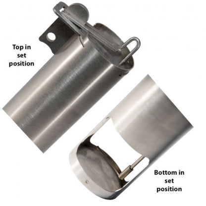 Top Cat Mole/Vole Trap metal cylindrical trap with a top lid and spring mechanism on Tampa Home & Garden Store