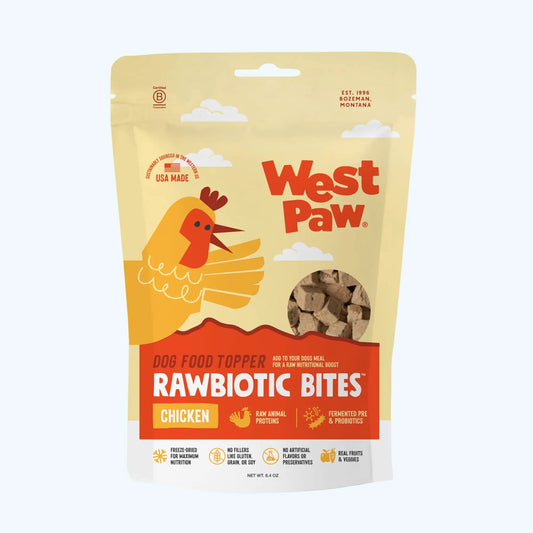 West Paw Chicken Dog Food Topper with Probiotics Boost, yellow pouch with chicken graphic on Tampa Home & Garden Store