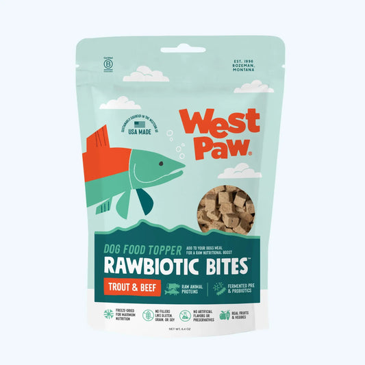 Protein Rich Trout and Beef Dog Food Topper bag by West Paw with kibble bits on Tampa Home & Garden Store
