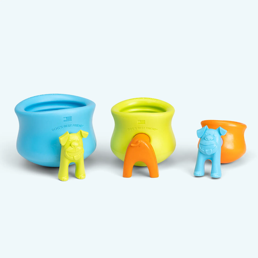 Toppl Stopper Accessory for Upright Filling by West Paw; three blue yellow orange toppers on Tampa Home & Garden Store