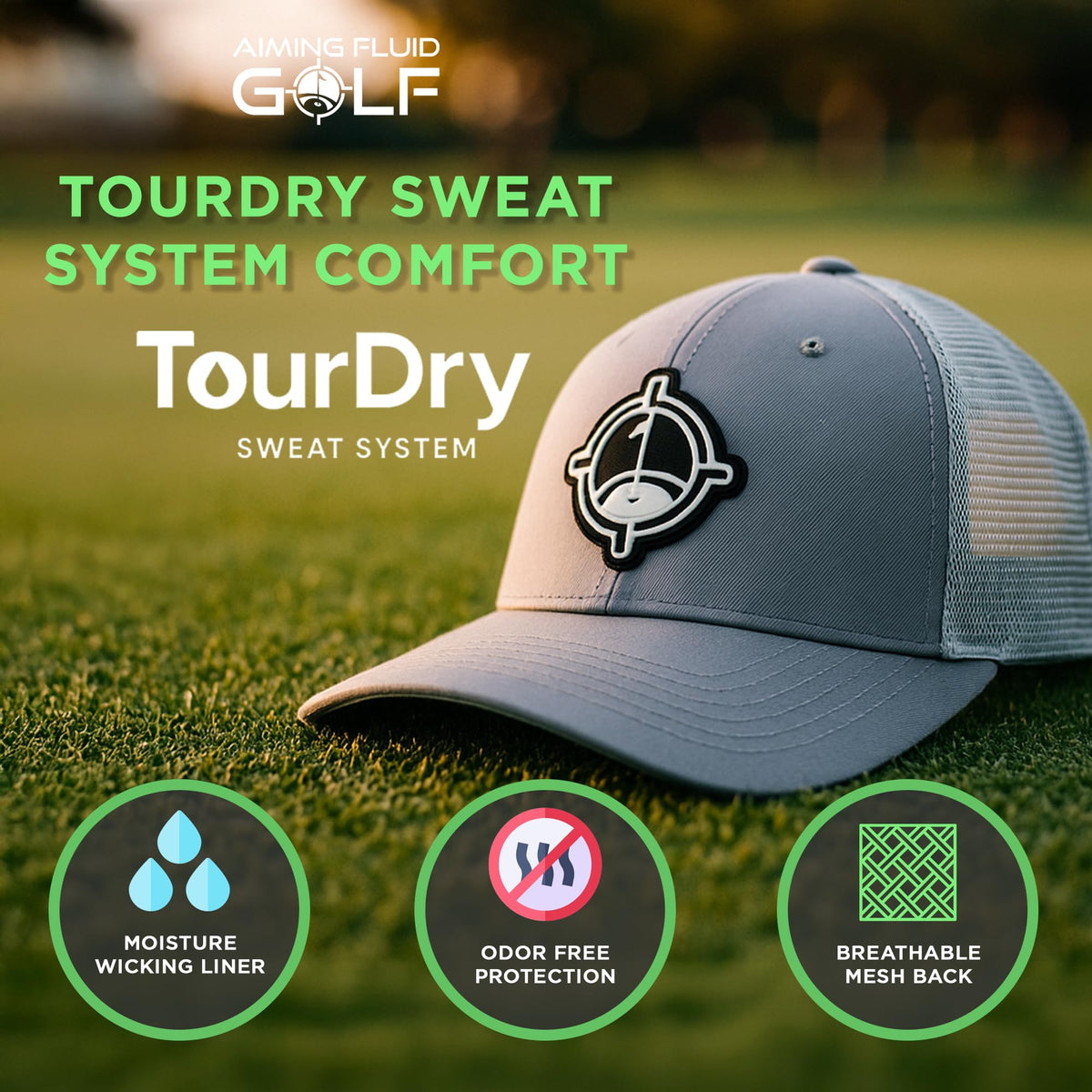 Aiming Fluid Golf TourDry Snapback Hat grey mesh back with front logo patch on Tampa Home & Garden Store