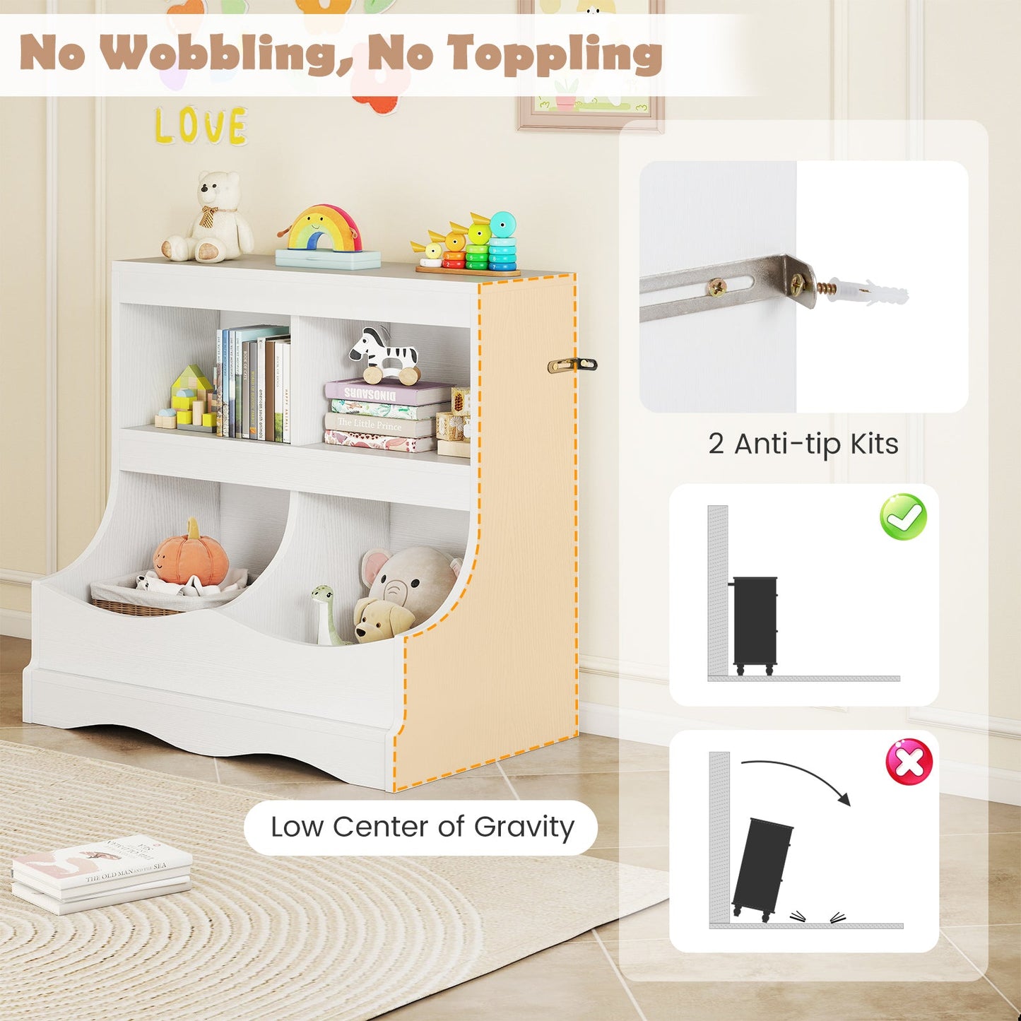 Toy Storage Organizer 4-Cubby Kids Bookcase for Toys and Books