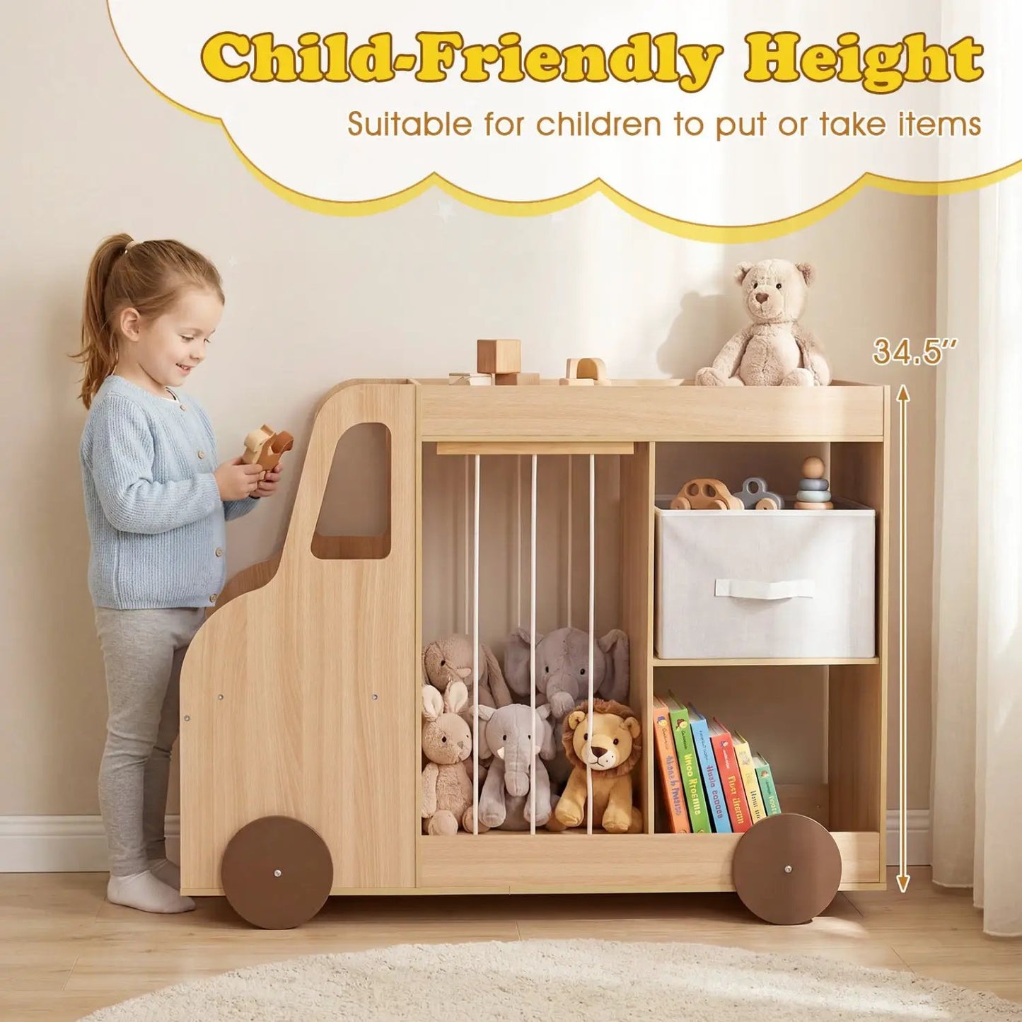 Kids Toy Storage Organizer with Wheels and Bin