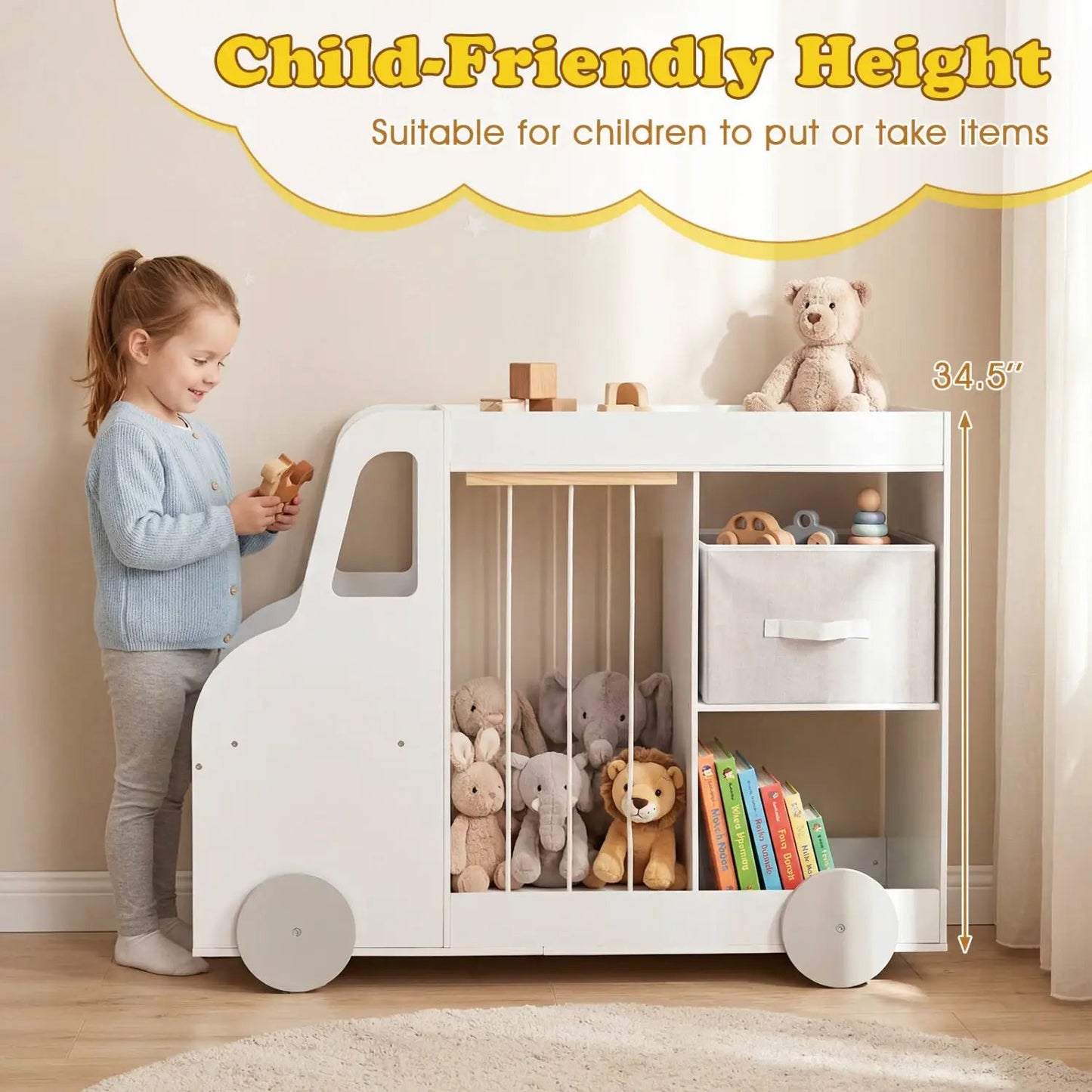 Kids Toy Storage Organizer with Wheels and Bin