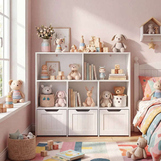 DirectDeals Kids Storage Organizer with 3 Drawers and 5 Cubbies, white unit with plush toys on Tampa Home & Garden Store