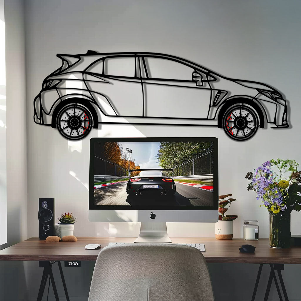 Toyota GR Corolla Metal Car Wall Art with Rotating Wheels - Rally-Inspired Hot Hatch Silhouette - Interactive JDM Automotive Decor - KAFMEKA158 - Tampa Home & Garden Store