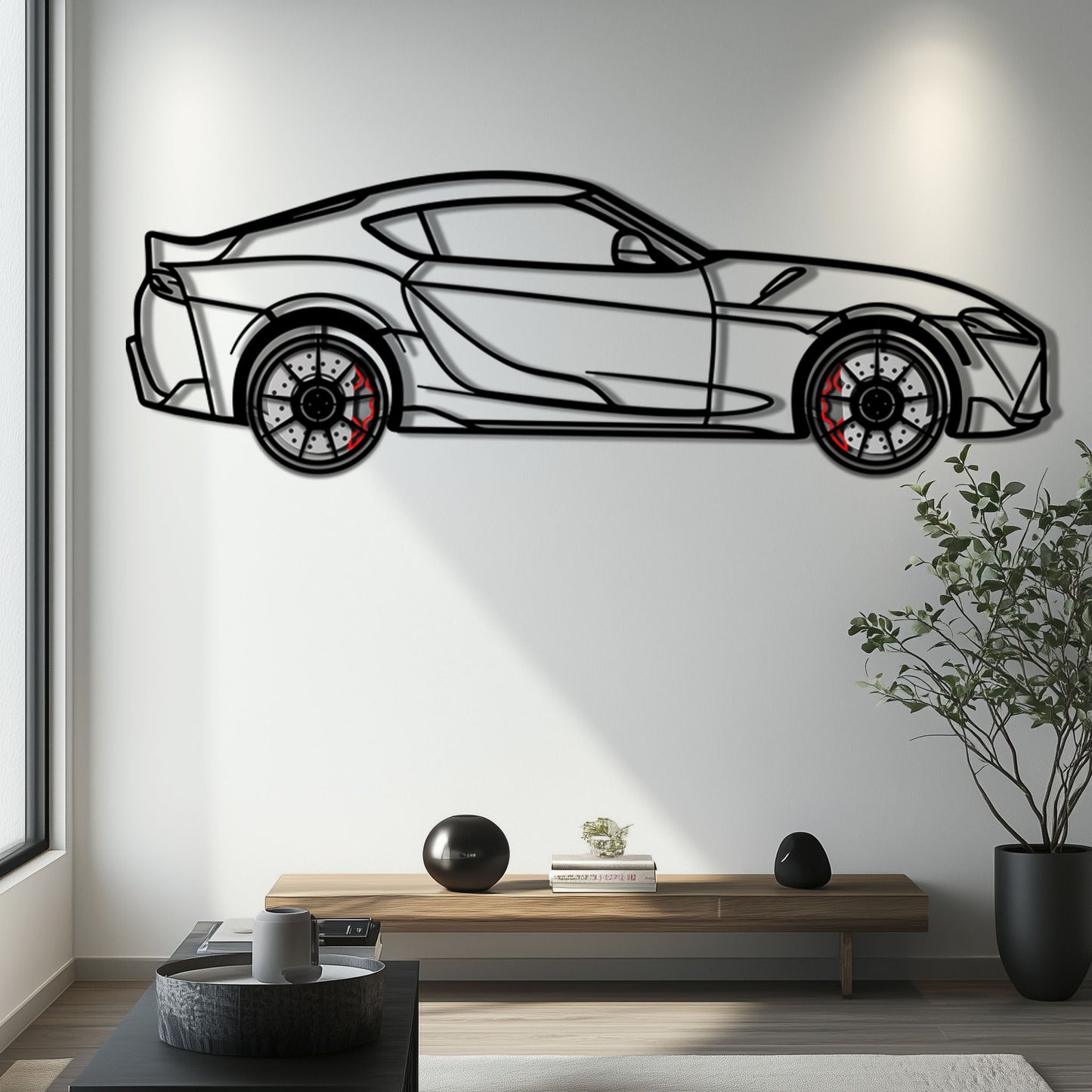 Toyota GR Supra (A90) Metal Car Wall Art with Rotating Wheels - Modern JDM Legend Silhouette - Interactive Automotive Wall Decor - KAFMEKA156 - Tampa Home & Garden Store