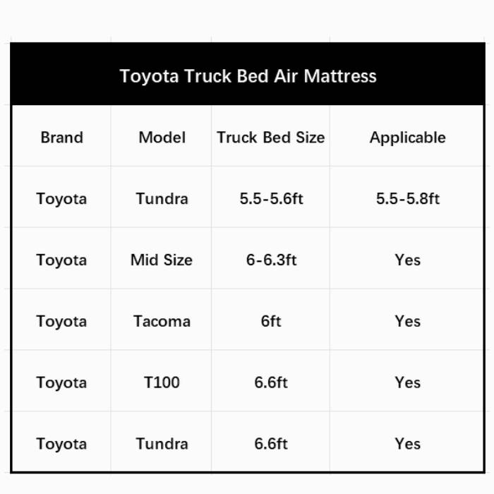 Umbrauto Toyota truck bed air mattress compatibility chart with models and bed sizes 5.5-6.6 ft on Tampa Home & Garden Store