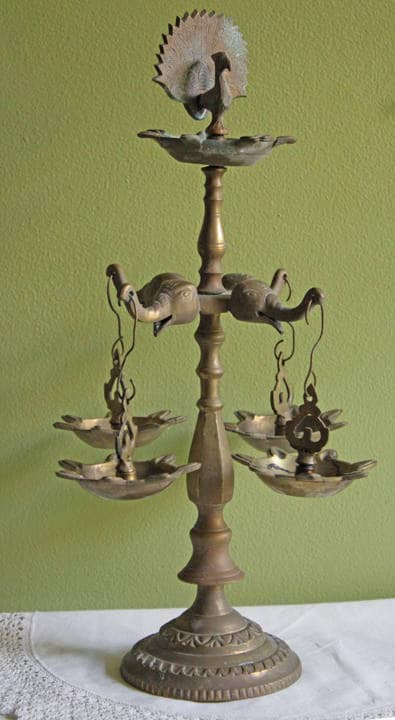 Traditional Diya Oil Lamp. 15" Antique Brass Oil Lamp with Five Burners and Hand Crafted Elephants and Peacocks. - Tampa Home & Garden Store