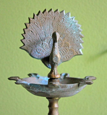 Traditional Diya Oil Lamp. 15" Antique Brass Oil Lamp with Five Burners and Hand Crafted Elephants and Peacocks. - Tampa Home & Garden Store