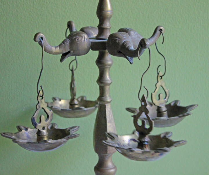 Traditional Diya Oil Lamp. 15" Antique Brass Oil Lamp with Five Burners and Hand Crafted Elephants and Peacocks. - Tampa Home & Garden Store