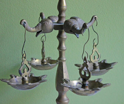 Traditional Diya Oil Lamp. 15" Antique Brass Oil Lamp with Five Burners and Hand Crafted Elephants and Peacocks. - Tampa Home & Garden Store