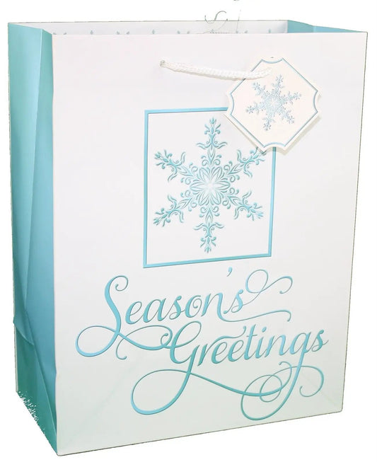 Lettering Gift Bag with Seasons Greetings script and blue snowflake frame on white bag on Tampa Home & Garden Store