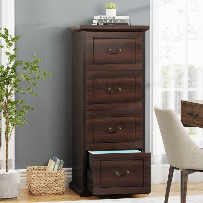 Traditional Vertical File Cabinet in Walnut Wood Finish with 4 Storage Drawers - Tampa Home & Garden Store
