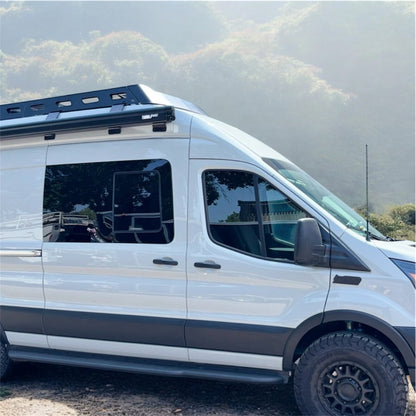 Avatar Offroad Ford Transit Rockbody Side Steps on white van with black running boards on Tampa Home & Garden Store