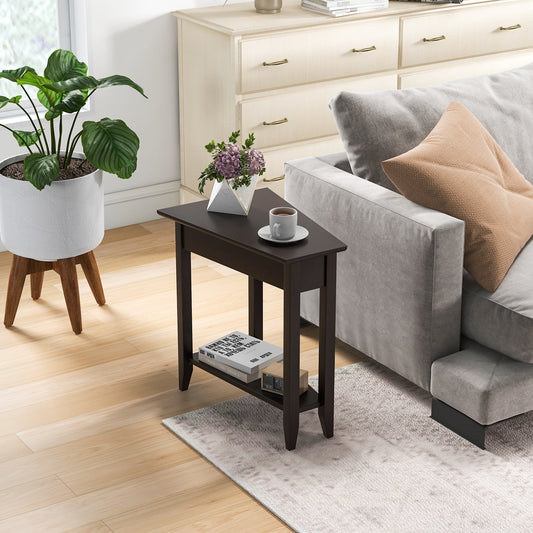 2-Tier Wedge Narrow End Table with Storage Shelf and Solid Wood Legs-Espresso - Tampa Home & Garden Store