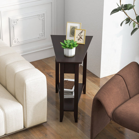 2-Tier Wedge Narrow End Table with Storage Shelf and Solid Wood Legs-Espresso - Tampa Home & Garden Store