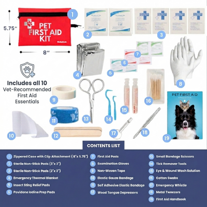 Pet First Aid Kit for dogs & cats by Rubyloo in red travel pouch with essentials on Tampa Home & Garden Store