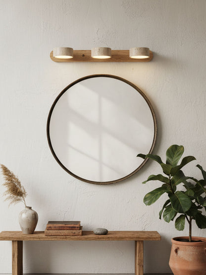 Travertine Stone Wall Sconce with Dimmable LED, natural wood accent Moktan Sabai 3-light fixture on Tampa Home & Garden Store