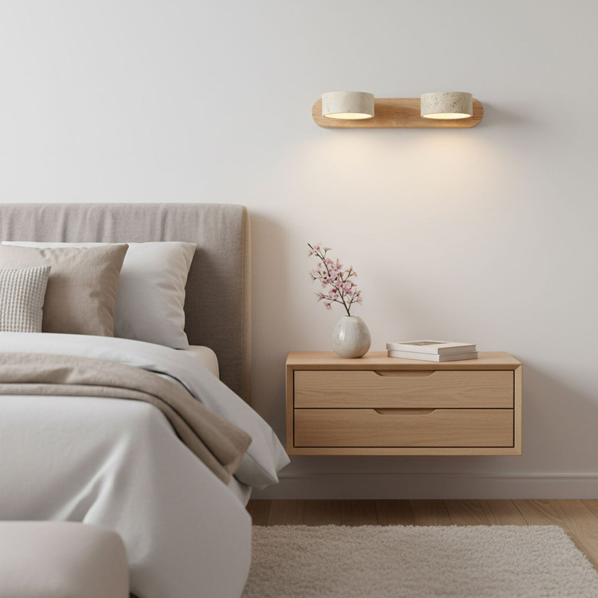 Travertine stone wall sconce pair with dimmable LED, natural wood accent by Moktan Sabai on Tampa Home & Garden Store