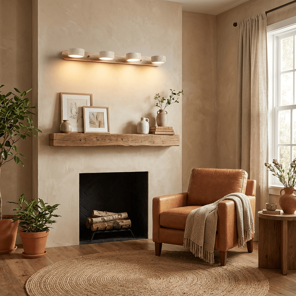 Moktan Sabai travertine stone wall sconce with dimmable LED on natural wood bar, warm glow on Tampa Home & Garden Store