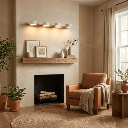 Moktan Sabai travertine stone wall sconce with dimmable LED on natural wood bar, warm glow on Tampa Home & Garden Store