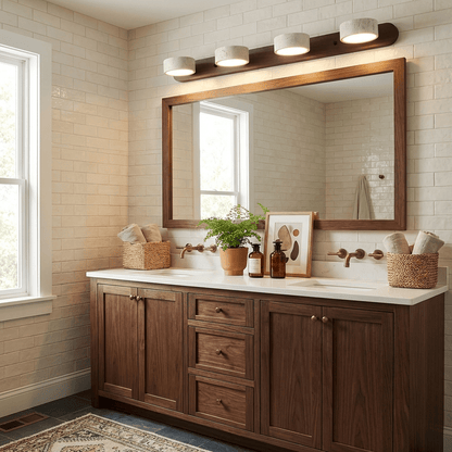 Travertine wall sconce with dimmable LED on natural wood mount above bathroom vanity on Tampa Home & Garden Store