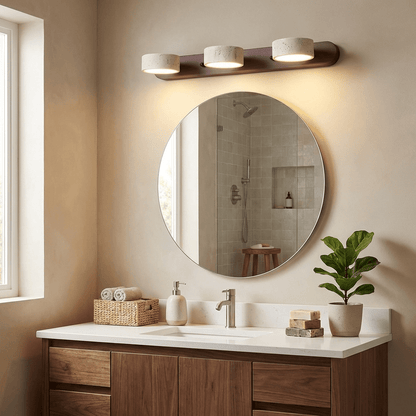 Travertine Stone Wall Sconce with Dimmable LED, natural wood backplate above round mirror on Tampa Home & Garden Store