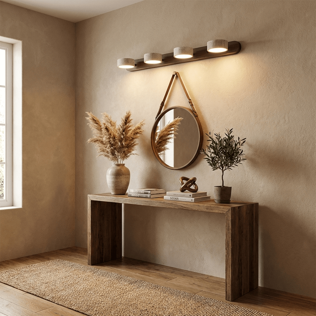 Travertine Stone Wall Sconce with Dimmable LED and Natural Wood Accent Moktan Sabai on Tampa Home & Garden Store