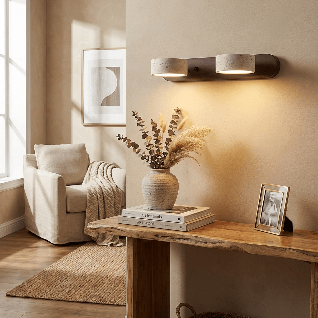 Moktan Sabai travertine stone wall sconce with dimmable LED and natural wood backplate lights on Tampa Home & Garden Store