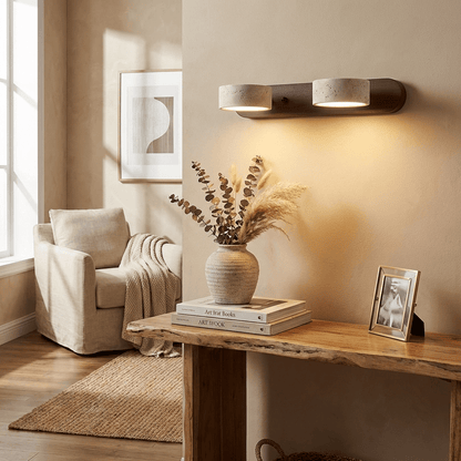 Moktan Sabai travertine stone wall sconce with dimmable LED and natural wood backplate lights on Tampa Home & Garden Store