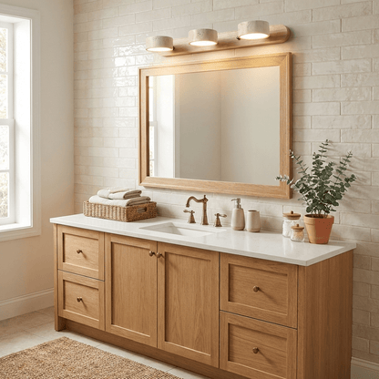 Three-light travertine stone wall sconce with dimmable LED and wood accent above vanity on Tampa Home & Garden Store