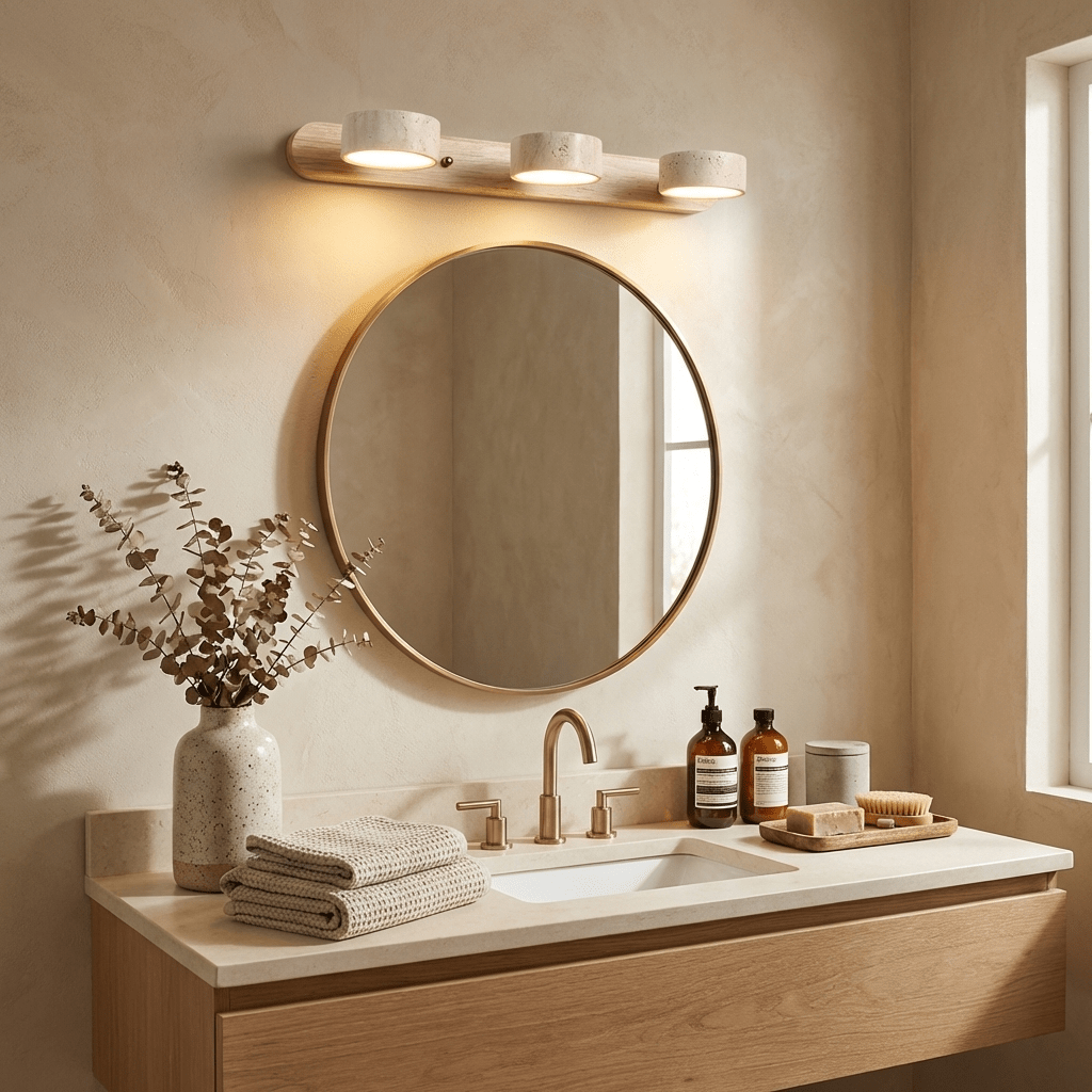 Travertine stone wall sconce with dimmable LED and three-light natural wood bar on Tampa Home & Garden Store