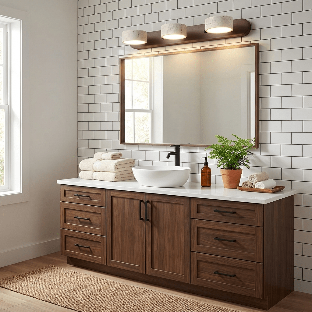 Travertine stone wall sconce with dimmable LED, natural wood accent, 3-light bathroom fixture on Tampa Home & Garden Store