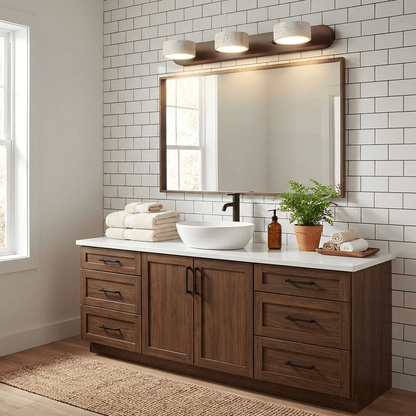 Travertine stone wall sconce with dimmable LED, natural wood accent, 3-light bathroom fixture on Tampa Home & Garden Store