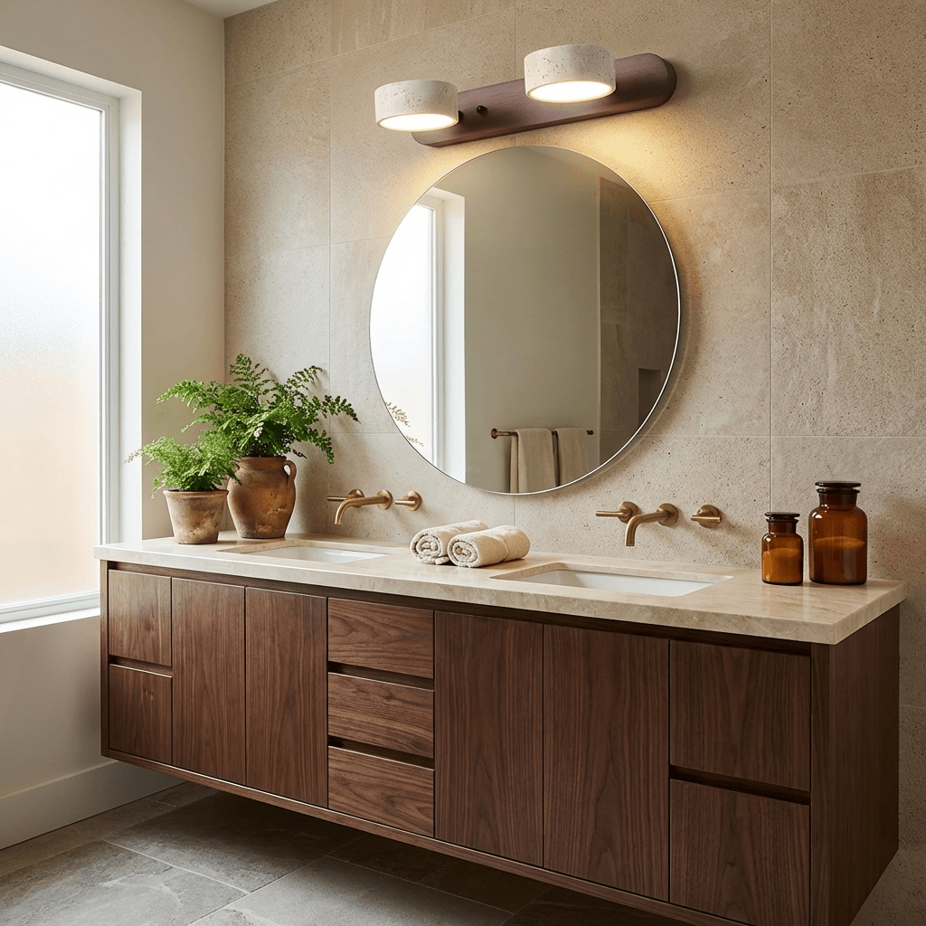 Travertine Stone Wall Sconce with Dimmable LED on wood backplate above round mirror on Tampa Home & Garden Store