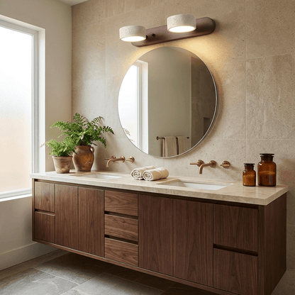 Travertine Stone Wall Sconce with Dimmable LED on wood backplate above round mirror on Tampa Home & Garden Store