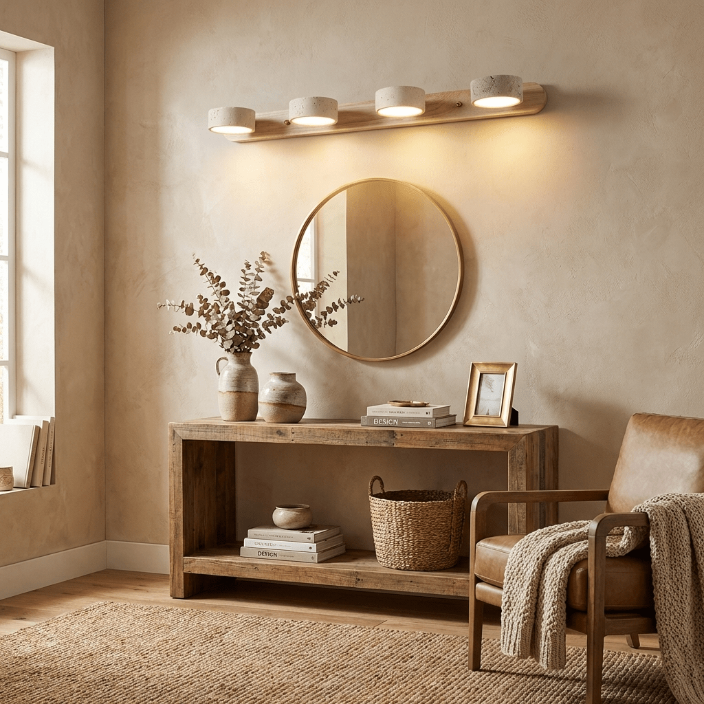 Travertine stone wall sconce with dimmable LED, wood accent by Moktan Sabai for warm glow on Tampa Home & Garden Store