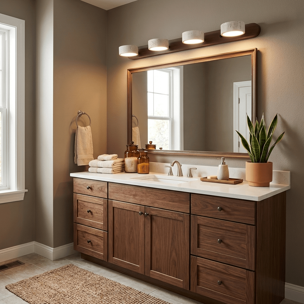 Travertine stone wall sconce with dimmable LED, natural wood backplate over vanity mirror on Tampa Home & Garden Store