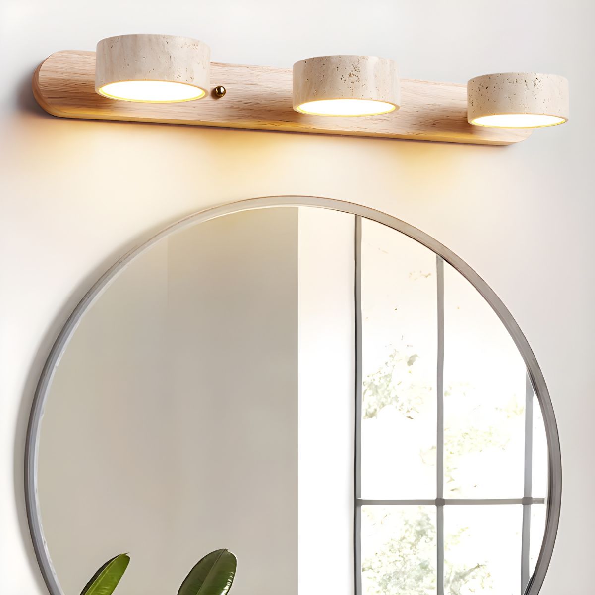 Travertine stone wall sconce set of 3 with dimmable LED Moktan Sabai natural wood backplate on Tampa Home & Garden Store