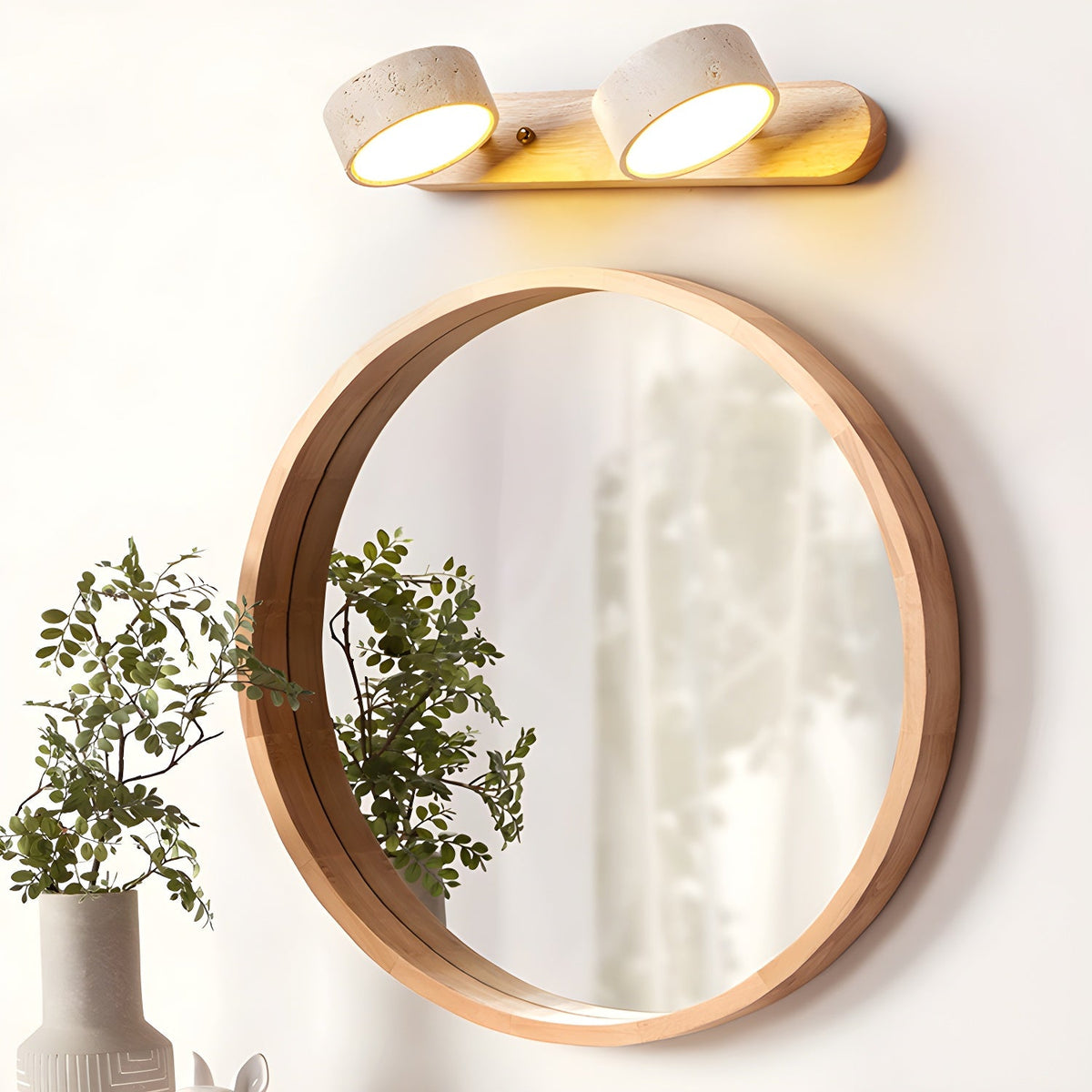 Travertine stone wall sconce with dual round lamps, dimmable LED, natural wood backplate on Tampa Home & Garden Store