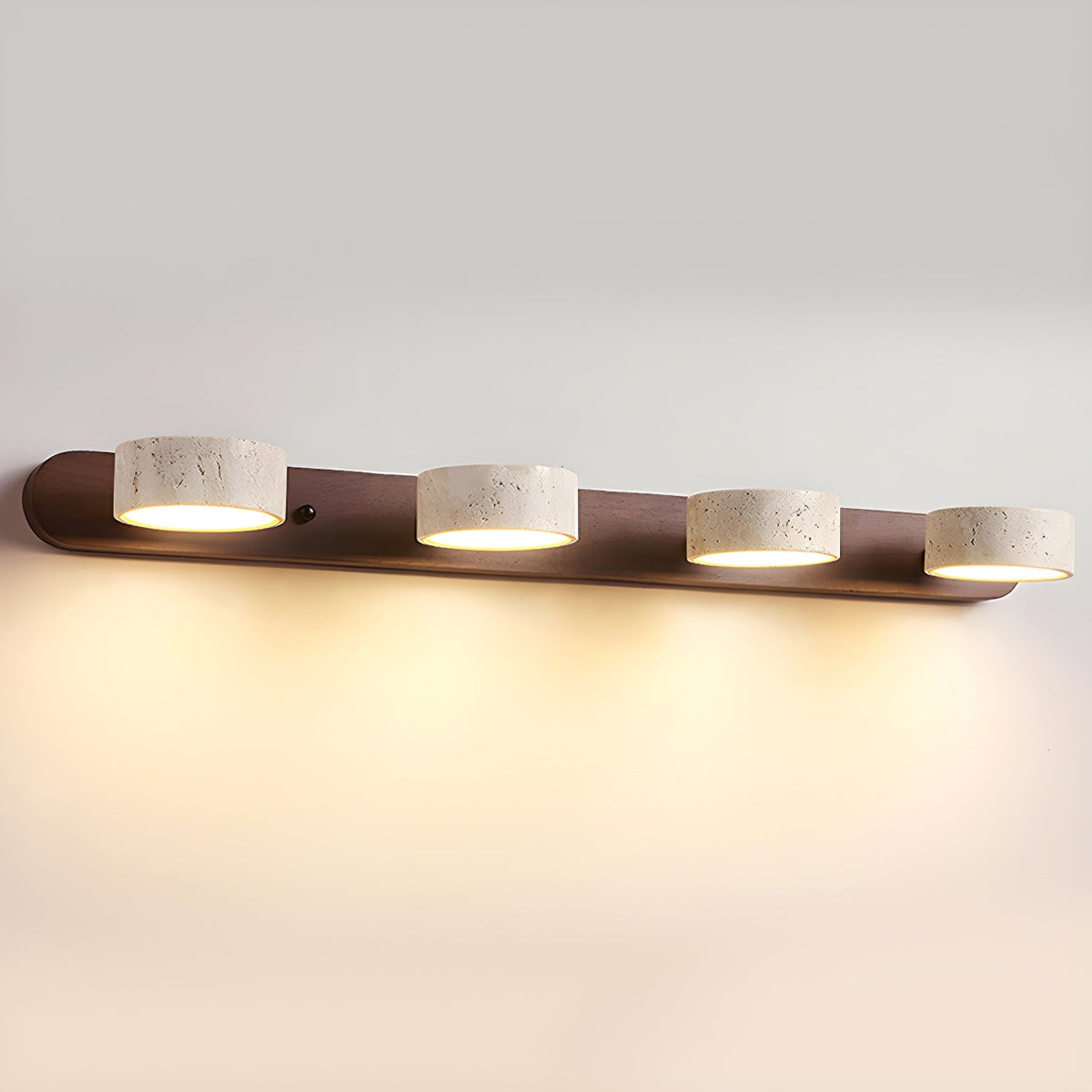 Moktan Sabai travertine stone wall sconce, 4-light dimmable LED, natural wood backplate on Tampa Home & Garden Store