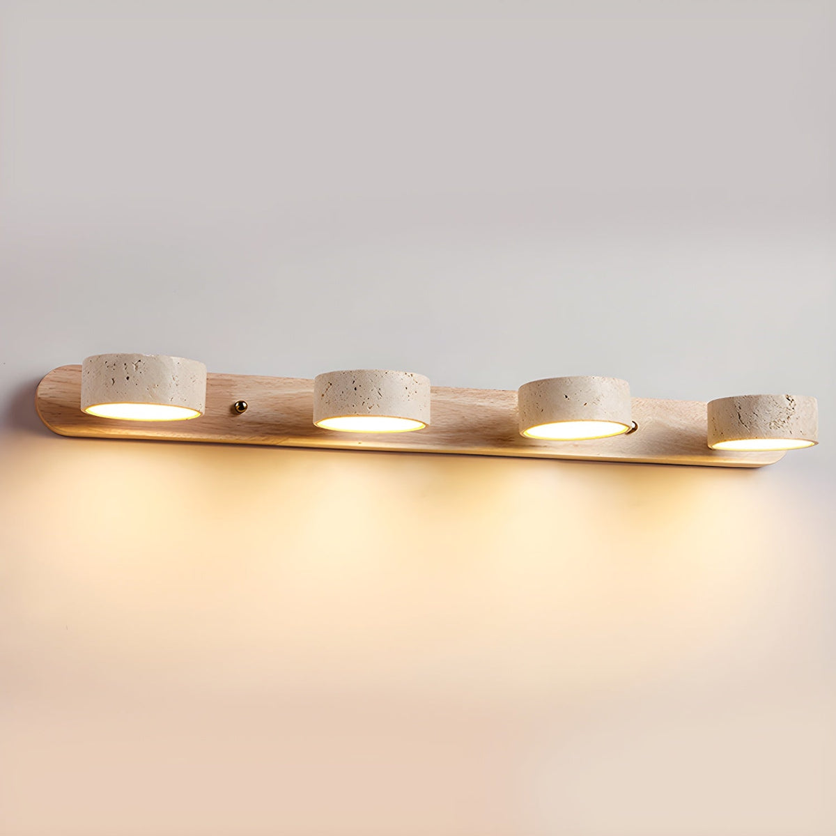 Travertine stone wall sconce with four dimmable LEDs on natural wood base Moktan Sabai on Tampa Home & Garden Store