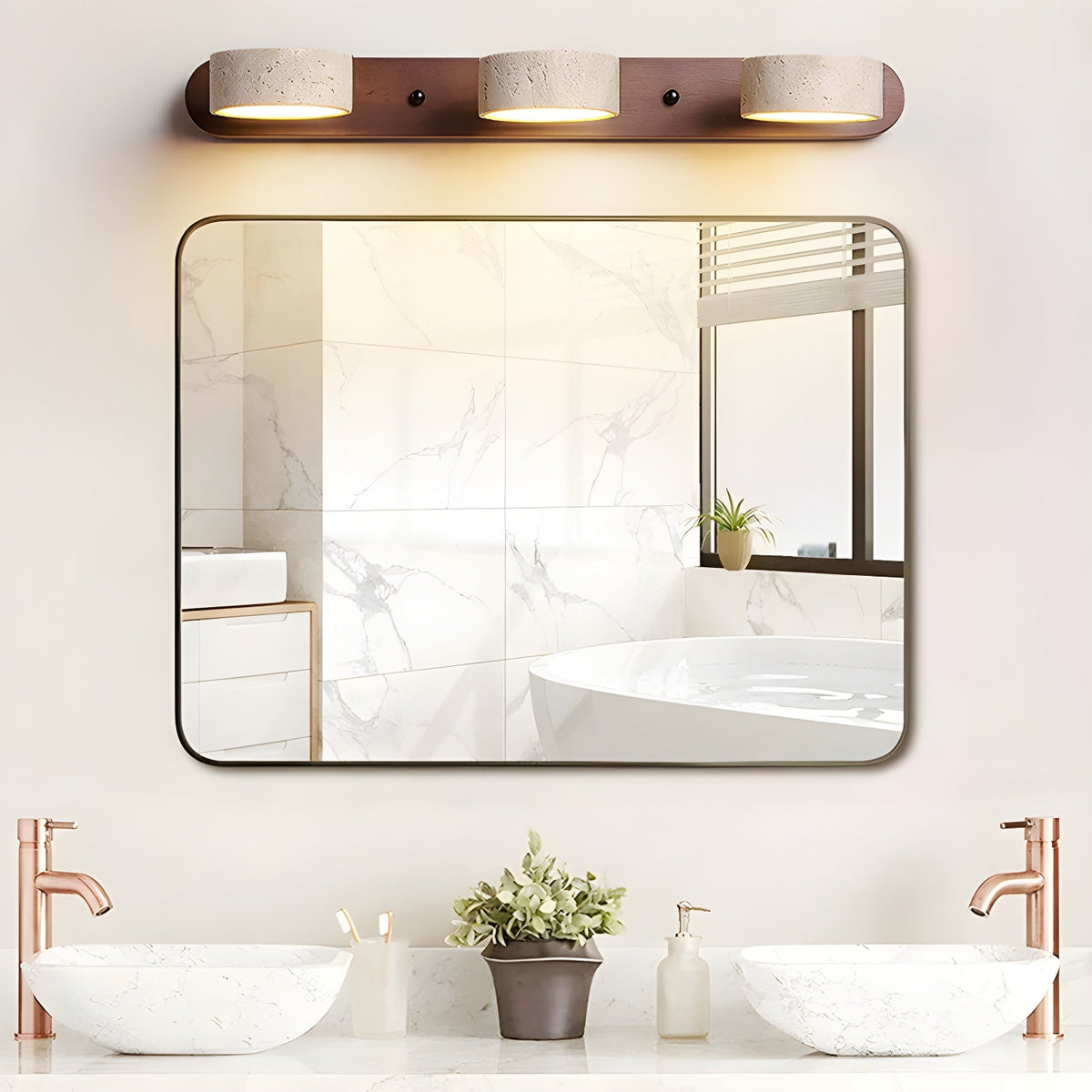 Travertine stone wall sconces with natural wood backplate set of three dimmable LED on Tampa Home & Garden Store