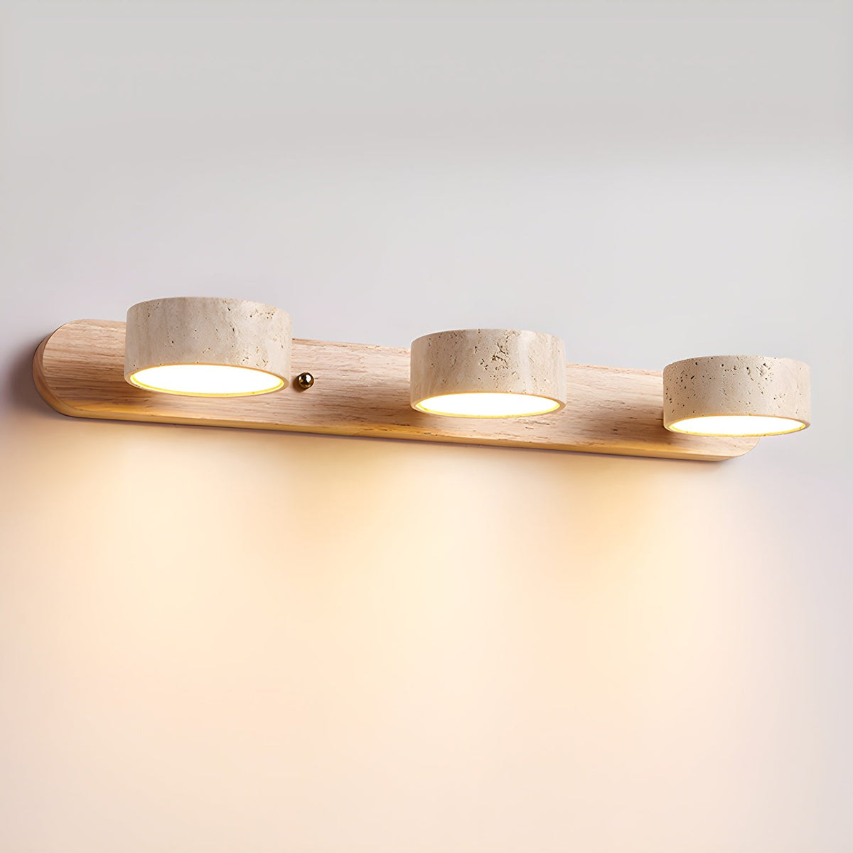 Travertine Stone Wall Sconce with Dimmable LED, 3-light Moktan Sabai, natural wood accents on Tampa Home & Garden Store